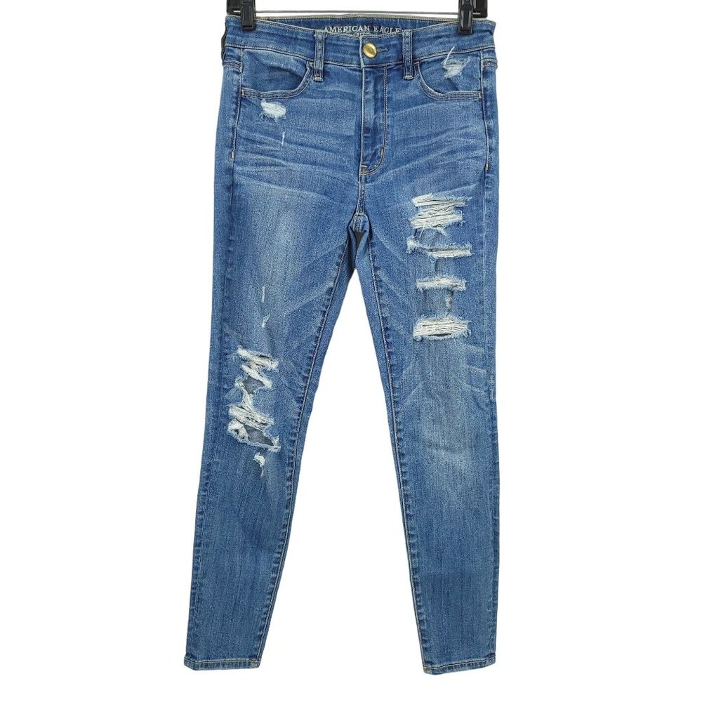 American Eagle Jeans Hi Rise Jegging Sz 6 Short Ripped Distressed Super Stretch